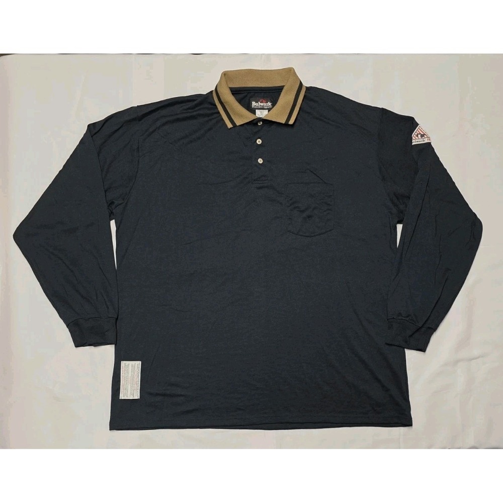 Bulwark Flame Resistant FR Long Sleeve Dark Blue Work Polo Shirt Mens XLarge